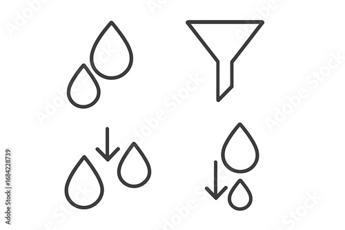Water filter and liquid drops icon set. Funnel pictogram with filtration and purification concept. Minimalist line art vector illustration for web and graphic design.