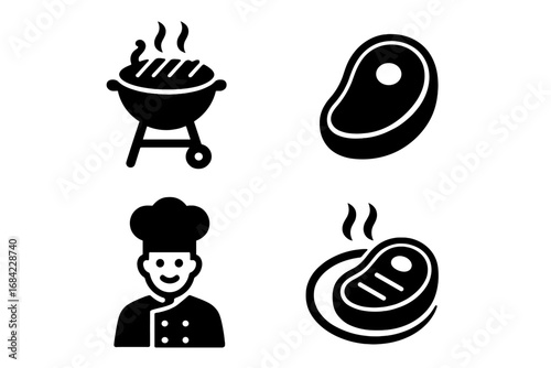 Barbecue and grilling solid icon set with chef, steak, and grill. Vector pictograms for cooking, meat, food, and restaurant concepts. Flavorful meal and beef symbols.