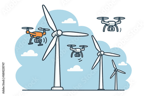 Drone inspection of wind turbines. Quadcopter technology for renewable energy maintenance and survey. Vector illustration of a wind farm with aerial robotics for clean power.