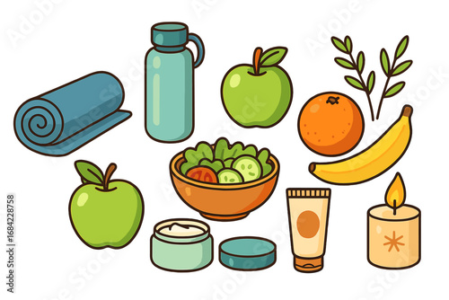 Wellness lifestyle daily routine and self-care essentials with healthy habits including yoga mat, water bottle, fresh fruits, salad bowl, skincare products, and candle, vector cartoon illustration