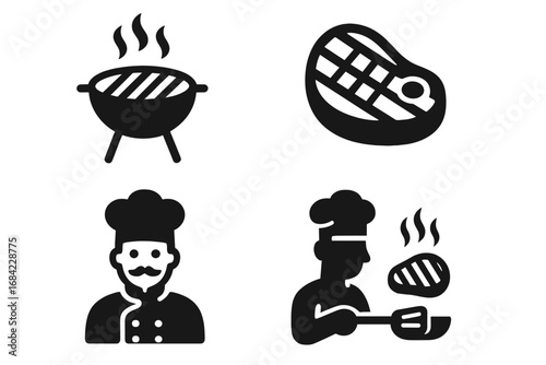 Grilling and barbecue solid icon set. Vector icons of chef cooking steak on a grill. BBQ, meat, cookout, and restaurant food concept. Glyph style pictogram collection.