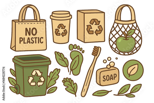 Zero waste lifestyle icon set. Eco friendly and sustainable living concept. Reusable items, no plastic bag, recycling bin, bamboo toothbrush. Green living cartoon vector.