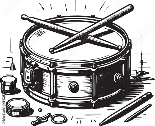 Detailed Illustration of a Snare Drum with Drumsticks Vintage Style Musical Instrument Black and White Design