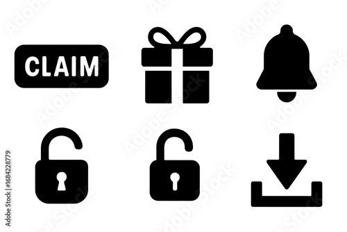 Reward icons grid set, solid filled vector icons including claim button, gift box with ribbon, notification bell, unlocked padlock, and download arrow, transparent background