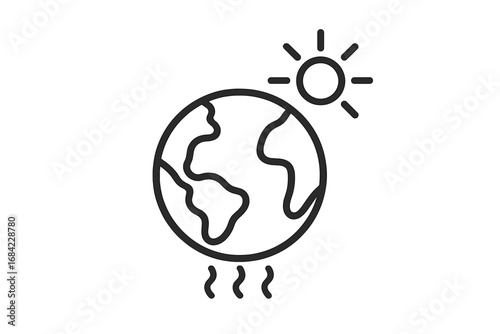 Global warming icon with planet Earth heating up under the sun. Climate change concept, environmental issue, and ecology crisis symbol. Hot temperature, greenhouse effect.