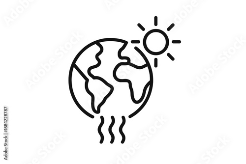 Global warming and climate change concept vector line icon. Planet Earth melting from sun heat. Ecology and environment protection symbol. Minimalist outline illustration.