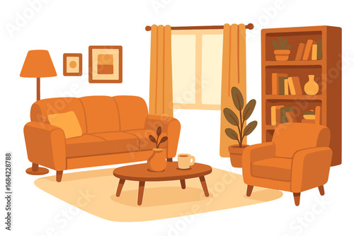 Living room interior with furniture. Cozy home scene with sofa and armchair. Modern apartment concept. Cartoon vector illustration for home decor, comfort and relaxation.