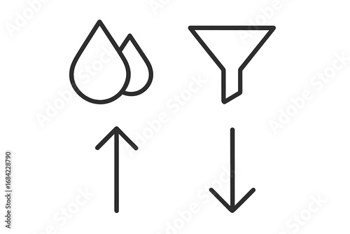Water filtration and data sorting icon set. Liquid purification pictogram collection. Funnel and drops symbol. Upload and download arrows for UI UX design. Vector line art.