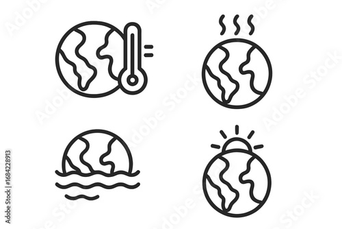 Global warming and climate change icon set. Planet Earth heating, sea level rise, and temperature increase concepts. Vector outline symbols for ecology and environment.