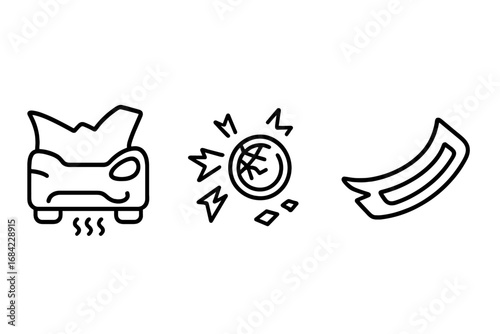 Traffic accident outline icon set. Car crash, collision debris, crumpled hood, shattered headlight, broken bumper. Vector icons for insurance, repair service, emergency.