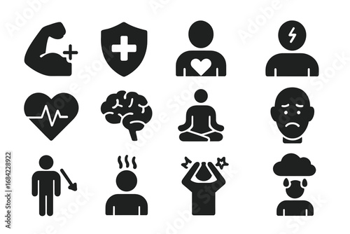 Health and stress solid icon set. Mental wellness and illness signs. Psychology, depression, anxiety, burnout, meditation and fitness vector pictograms for web and mobile.