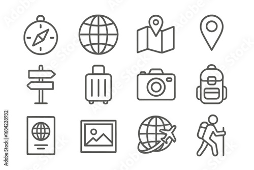 Travel and journey line icon set with compass, map markers, suitcase, camera, backpack, passport, directional signs, airplane globe, hiking figure for graphic design and apps