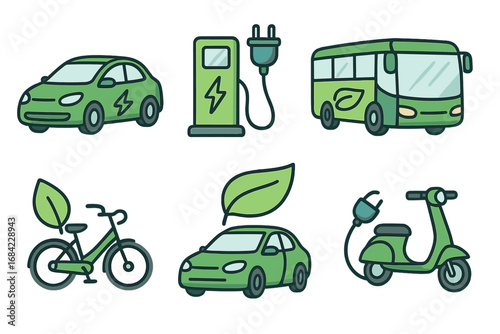 Eco friendly transport icon set. Green energy and sustainable mobility concept. Electric car, bus, scooter and bicycle. EV charging station. Vector cartoon illustration.