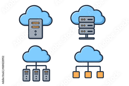 Set of cloud storage icons with server configurations and network structures for data management. Vector cartoon illustration of cloud computing technology, hosting, and database.