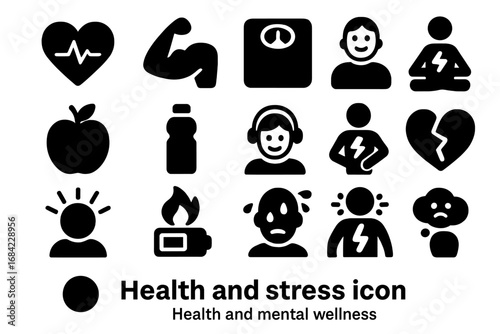 Health and stress icon set. Mental wellness vs burnout and anxiety. Physical fitness, diet. Symbols for depression, meditation. Healthy lifestyle concept pictogram collection.