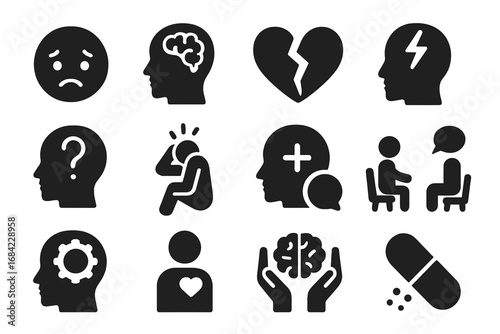 Mental health and psychology solid icon set. Vector symbols for stress, anxiety, depression, therapy, counseling, treatment, and support. Brain, broken heart, pill icons.