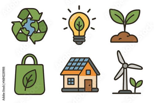 Sustainability Icons Representing Eco-Friendly Practices, Renewable Energy, Green Living, Recycling, Solar Power, Wind Energy, and Environmental Conservation for a Greener Future Vector Illustration