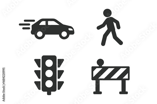 Traffic danger and safety vector icon set. Solid glyph pictograms of speeding car, pedestrian crossing, traffic light signal, and road block barrier. Road safety concept.