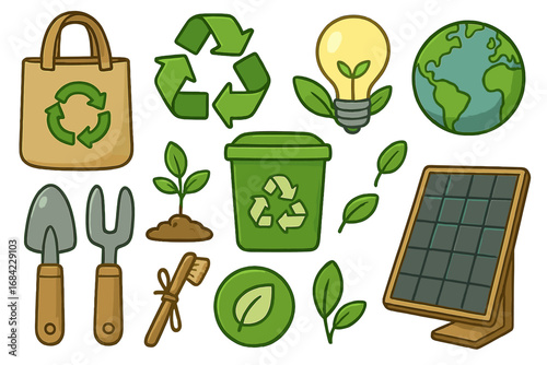 Eco-friendly icon set for sustainable living. Vector cartoon collection of recycling symbol, solar panel, planet earth, green energy lightbulb, reusable bag, and zero waste items.