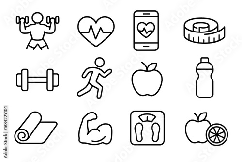 Fitness and health line icon set. Exercise, workout, gym, and wellness outline icons. Vector collection for sport, diet, cardio, nutrition, and healthy lifestyle app.