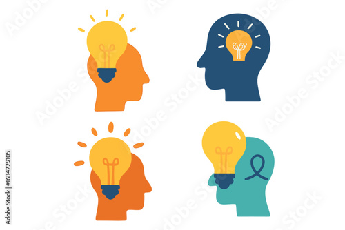 Set of head silhouettes with light bulbs. Concept of idea, creativity, innovation, inspiration, thinking, brainstorming. Psychology and mental health awareness symbol. Vector.
