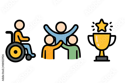 Vector icon set for accessibility, teamwork, and achievement. Concepts for diversity, inclusion, collaboration, support, and success. Disabled person, team effort, winner's trophy.