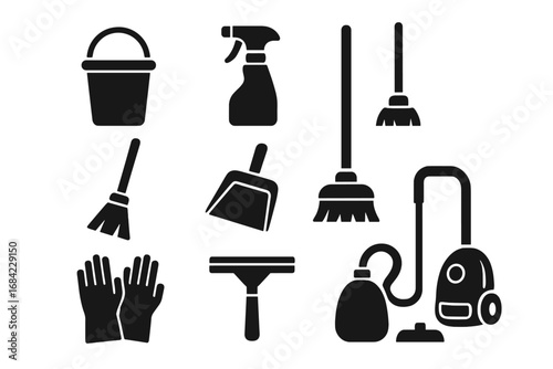 Home cleaning tools solid icon set. Essential household equipment for modern cleaning. Vector illustration of bucket, broom, dustpan, vacuum, spray bottle, gloves. Housekeeping.