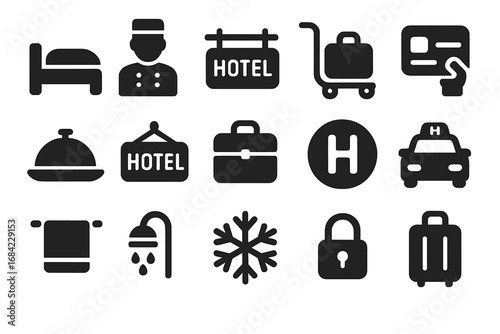 Hotel services solid glyph icon set. Accommodation and travel pictograms collection. Vector symbols of bellboy, luggage, room service, taxi, bed, booking, payment, amenities.
