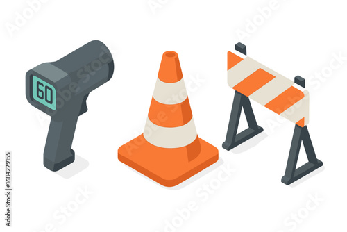 Isometric traffic enforcement icon set. Police speed radar gun, traffic cone, and roadblock barrier for road safety and control. Vector illustration flat design concept isolated.