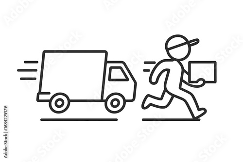 Fast delivery icon. Express shipping service concept. Courier running with a package from a delivery truck. Logistics and transportation line art for web, apps, adverts.