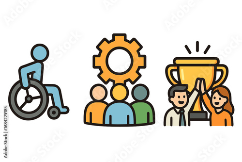 Vector icon set for business concepts. Accessibility, diversity and inclusion. Teamwork, collaboration and management. Success, achievement, reaching a goal and winning award.