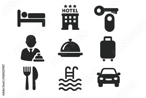Hotel services solid icon set. Accommodation amenities, travel pictograms collection. Vector symbols for booking, vacation, hospitality, website and mobile app design.