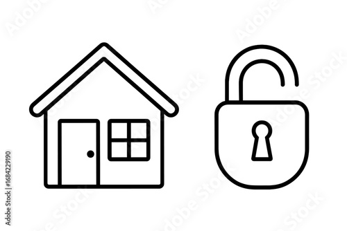 House symbol and unlocked padlock icon, vector cartoon illustration for graphics, apps, security concept, transparent background, home safety, protection, access control, simple design