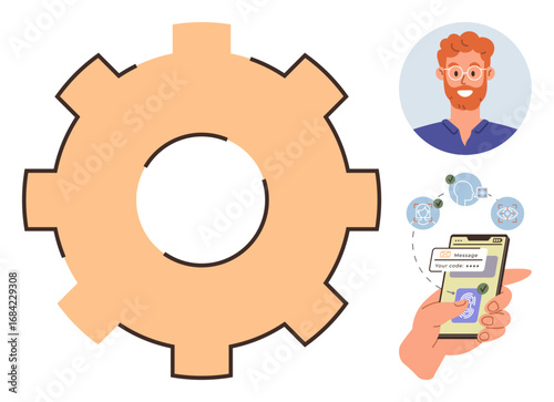 Gear wheel, smiling avatar, hand using smartphone for biometric scan. Ideal for technology, cybersecurity, innovation, user identification, data protection online access tech solutions. Simple flat