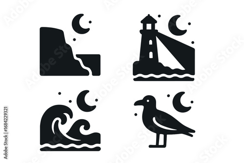 Lighthouse and seagull solid glyph icon set. Coastal night scene with ocean waves, sea cliff, and moon. Maritime nautical silhouette symbols. Vector graphic elements.