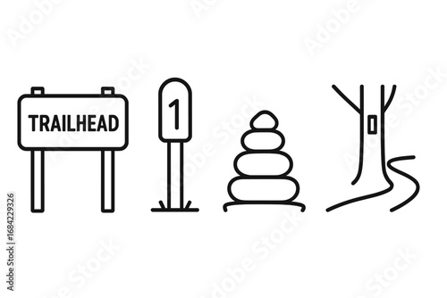 Trail signage icons for hiking navigation. Outline icon set of trail markers: trailhead sign, milepost, cairn pile, blazed tree. Vector symbols for wayfinding and outdoors.