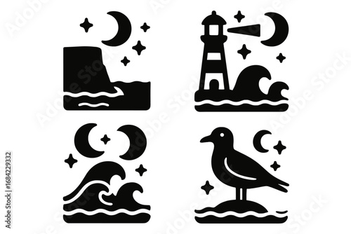 Coastal night icon set. Moonlit nautical vector glyphs. Solid silhouettes of lighthouse, sea waves, cliff, and seagull. Marine landscape collection with crescent moon and stars.