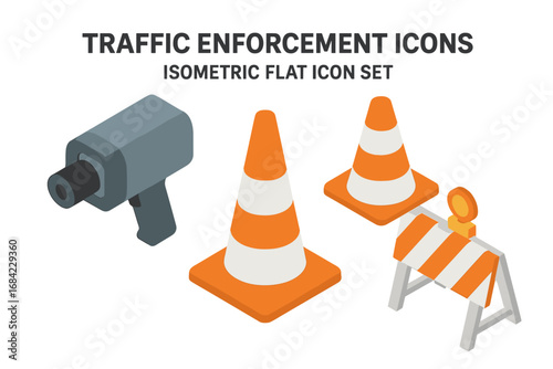 Traffic enforcement isometric icon set. Police speed radar gun, traffic cone, roadblock barrier. Flat design vector illustration for road safety, highway patrol, and law concept.