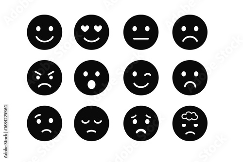 Set of black emoji silhouette icons. Various moods and feelings for communication. Smiley faces showing happy, sad, love, angry, and confused expressions. Simple flat vector signs.