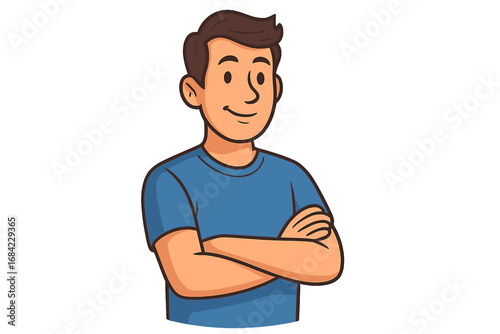 Confident young man with folded arms. Happy casual male character smiling. Self-assured person pose. Psychology concept of success and satisfaction. Vector cartoon mascot.