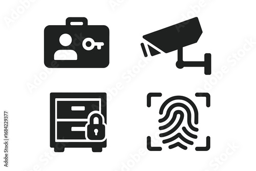 Office security solid glyph icon set. Vector collection of business safety symbols like access keycard, cctv camera, locked files and biometric fingerprint scanner illustration.