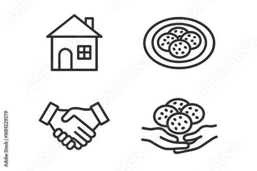 Neighborly sharing and community kindness vector outline icon set. Welcome to the neighborhood, support and generosity concept. House, handshake, offering homemade cookies icons.