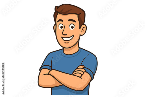 Young smiling man with arms crossed. Confident friendly male character mascot for business or website. Happy handsome guy avatar. Vector cartoon illustration isolated.