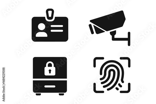 Office security solid icon set. Vector glyph pictograms of access ID card, CCTV camera, locked data cabinet, and biometric fingerprint scanner. Business safety and protection.