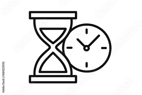 Time management icon with hourglass and clock. Metaphor for deadline, urgency, and productivity. Vector symbol of countdown, sandglass, history, past, present and future.