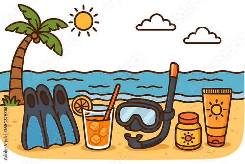 Summer vacation concept with snorkeling gear on a tropical beach. Vector illustration of holiday items like flippers, mask, sunscreen, and a cocktail. Relaxing travel scene.