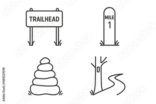 Trail signage icons set for hiking and navigation. Outline symbols for wayfinding, including trailhead sign, milepost, cairn, and blazed tree marker. Vector for park and nature.