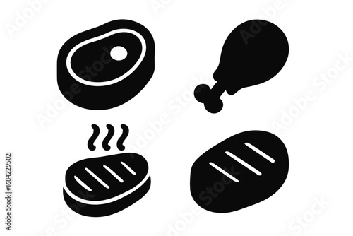 Meat silhouette icon set. Steak, chicken leg, grilled fillet symbols. Barbecue and cooking concept. Beef, pork, poultry food pictograms. Vector illustration for butcher shop menu.