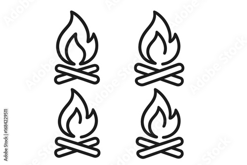 Set of bonfire line icons. Campfire with firewood symbol collection. Simple flame and wood log outline pictogram for web, app, and graphic design. Minimalist camping sign.