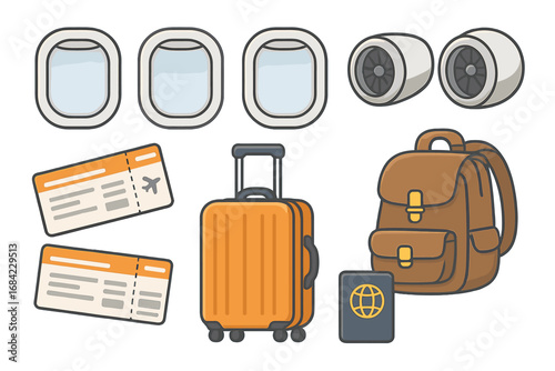 Travel essentials icon set for vacation and tourism. Vector cartoon collection with airplane window, jet engine, luggage, backpack, passport and boarding pass for a flight.